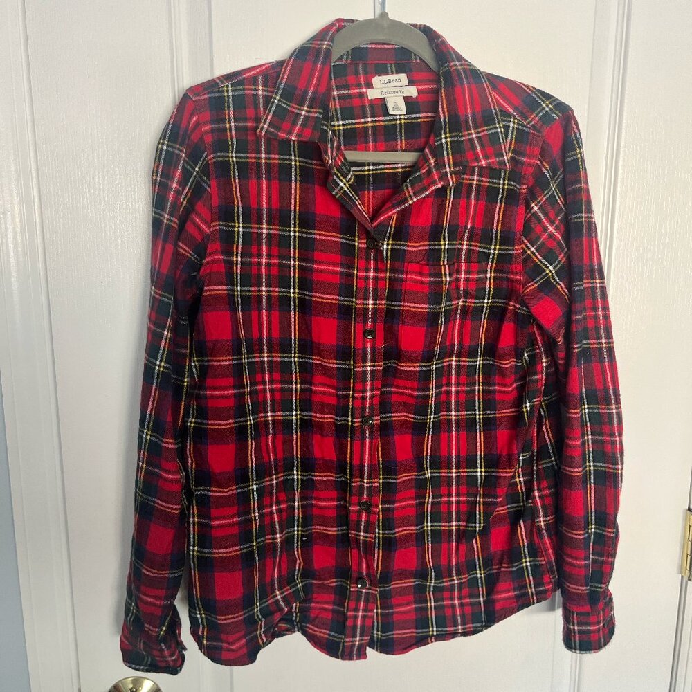 EUC LL Bean Long Sleeve Scotch Plaid Flannel Shirt Relaxed Fit, Size Small